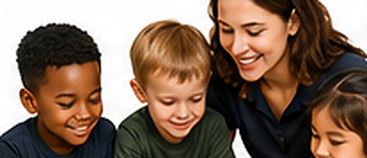 Preschoolers and their teacher exploring a DayCero adventure map together
