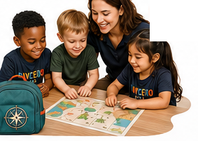 A teacher and three children exploring a DayCero world-map mission together
