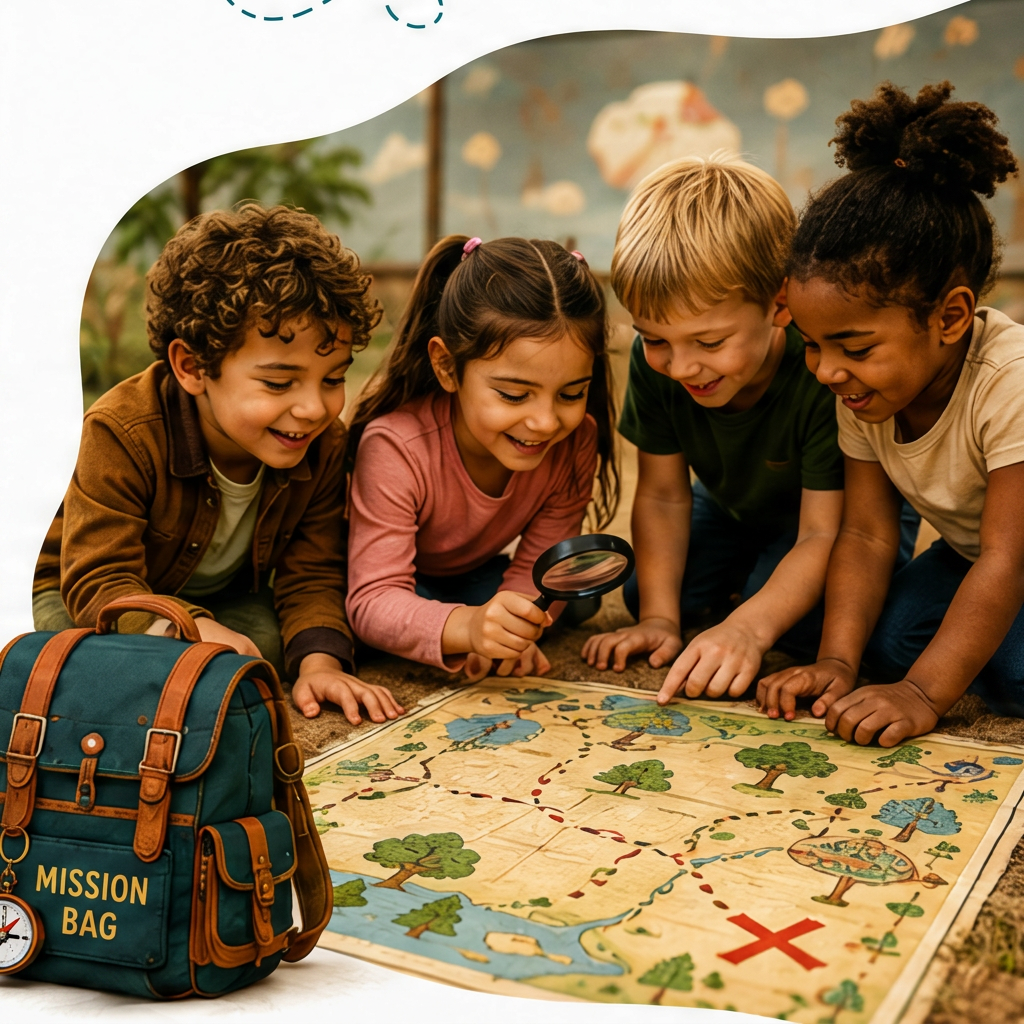 Four children exploring a DayCero adventure map with a magnifying glass beside the Mission Bag
