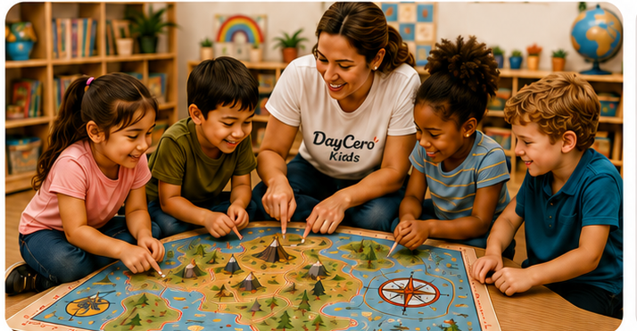 A teacher and four children exploring a DayCero adventure map together