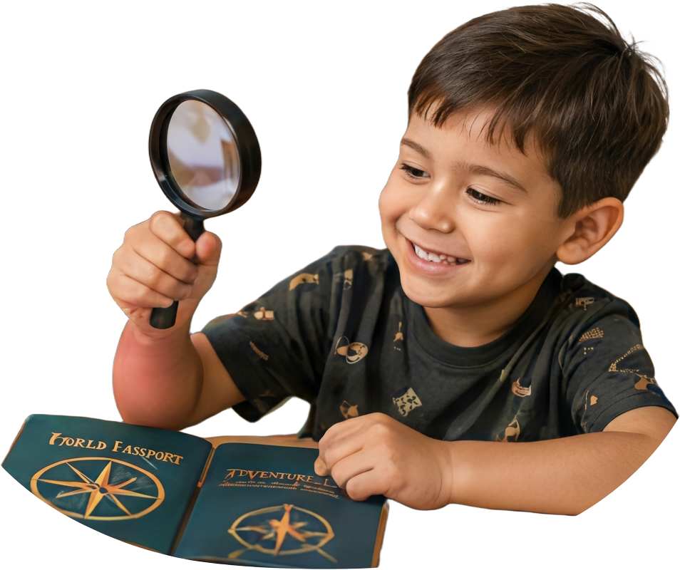 Young DayCero explorer using a magnifying glass with his Explorer Passport