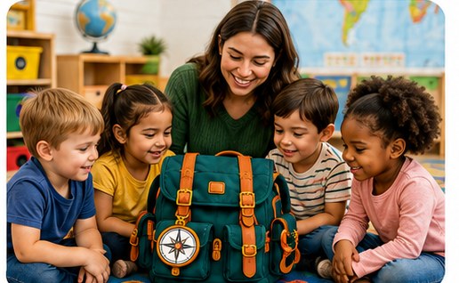 A teacher and four preschoolers gathered around the DayCero Mission Bag